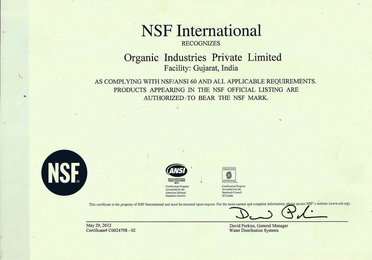 Giấy chứng nhận NSF International ghi tên Organic Industries Private Limited, cơ sở Gujarat, đạt NSF/ANSI 60